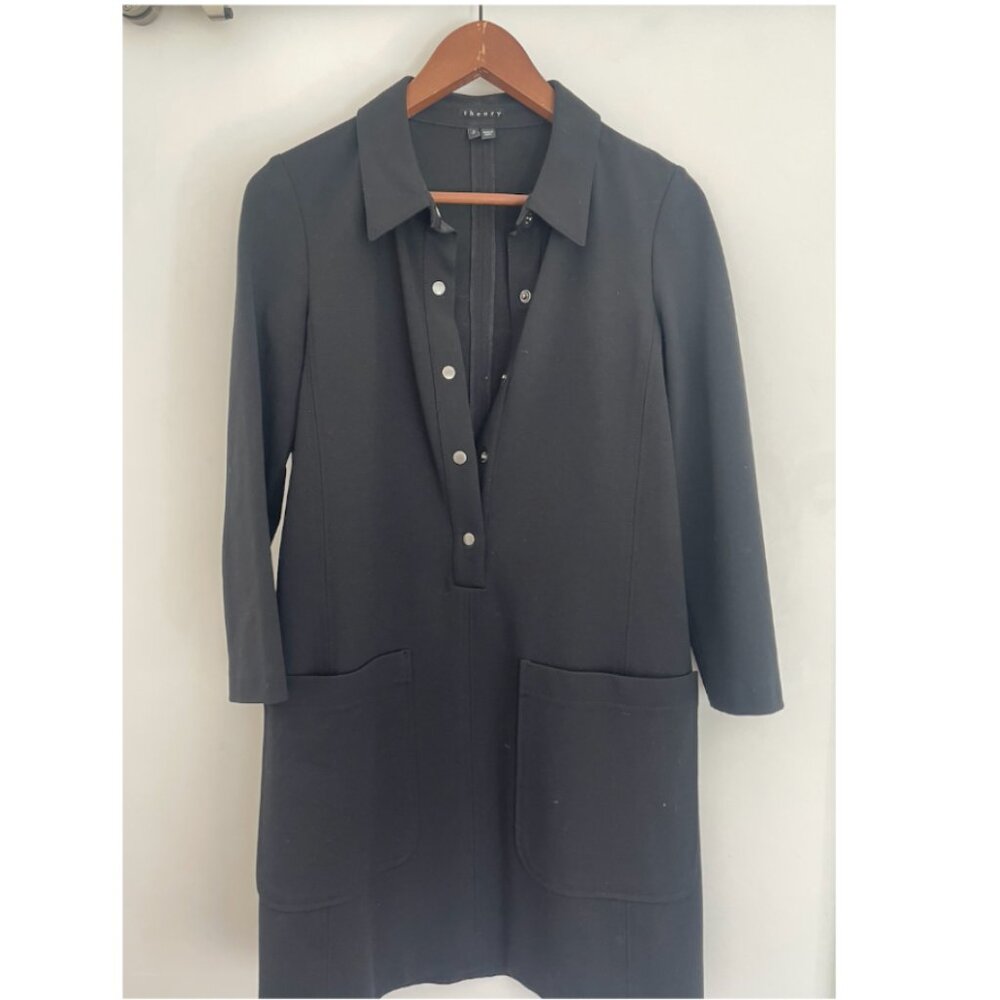 Theory Black Snap Front Collared Mini Dress with Patch Pockets | Size XS